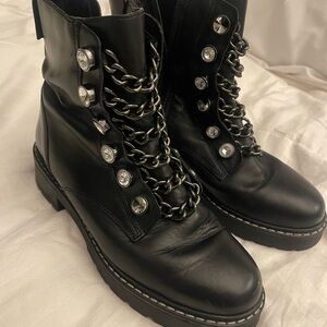Black Leather Chain-Embellished Women's Boots